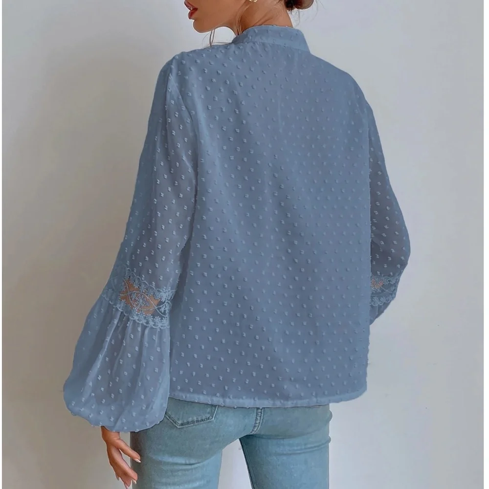 Swiss Dot V neck Tassel Tie Semi Sheer Long sleeve Top